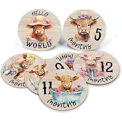 Highland Cow Baby Month Milestone Circles, Wooden Discs Stuff for Baby Photo Takens with Hello World Name Signs - 7Pcs Double Sided Signs for Documenting Growth
