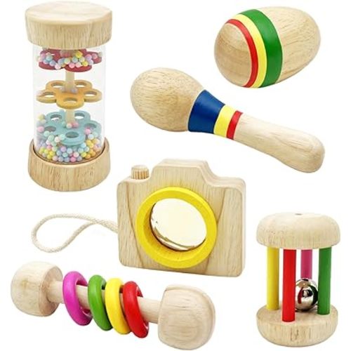 Wooden Baby Rattle, Organic Colorful Baby Rattles Set, Toddler Hand Wooden Rattles Toy Set for Infant Grasping, Sensory Development, Gift for Baby Boys Girls