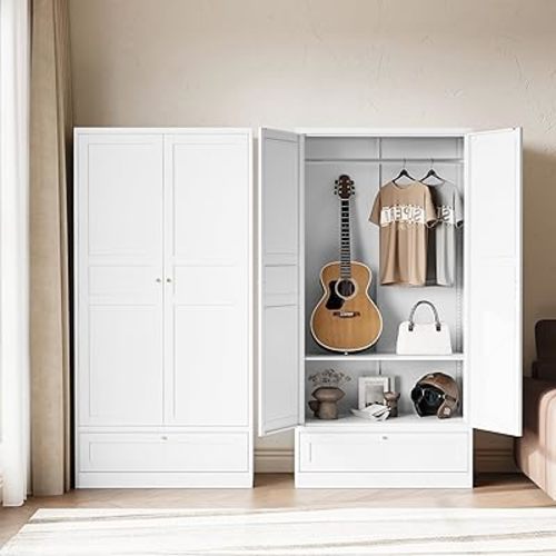 Letaya Wardrobe Closet,72" H Clothing Storage Cabinet with Storage Drawer, Metal Storage Cabinet with Adjustable Shelves and Hanging Rod,Bedroom Armoire Cabinet Clothes Organizer (White)