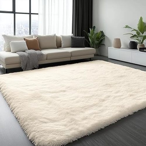 OLANLY Fluffy Area Rug for Living Room Bedroom, 5x7 Feet Soft Shaggy Non-Slip Carpet, Indoor Modern Plush Area Rugs for Kids Girls and Boys, Dorms, Nursery Rooms, Home Decor, Ivory
