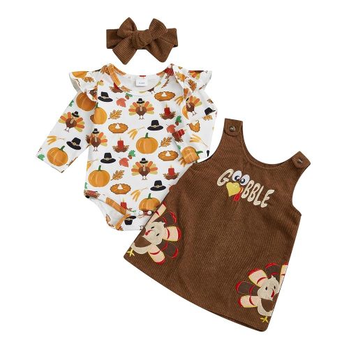 Adobabirl My First Halloween Baby Girl Outfit Pumpkin Ruffle Long Sleeve Romper Overall Dress Headband Cute Fall Clothes