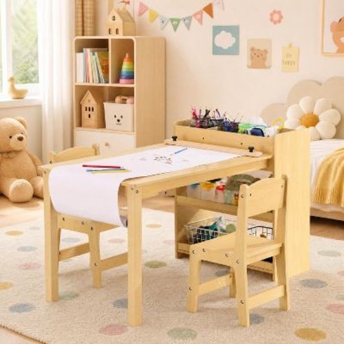 Kids Art Table and 2 Chairs Set with Storage & Paper Roll, Wooden Toddler Activity Craft Table for Drawing & Reading,Children Play Desk for Playroom