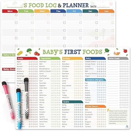 Set of 2 Baby First Foods Tracker Fridge Magnet, Nutrition Poster, Daily Food Log Meal Planner Checklist, 101 Foods Before 1 Checklist Magnet, Dry Erase Whiteboard for Refrigerator