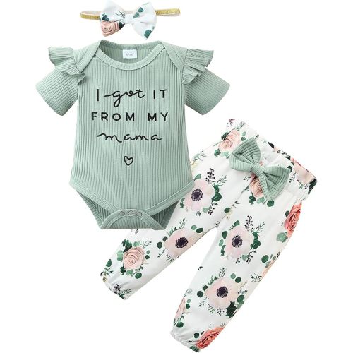 DISAUR Baby Girls Clothes Newborn Infant Baby Girls Outfit Long Sleeve Ruffle Romper Floral Pants Headband Sets 0-18 Months - Green-short - 3-6 months