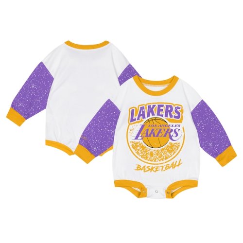 Infant Los Angeles Lakers Mitchell & Ness White Hardwood Classics Posterboard Oversize Long Sleeve Bodysuit