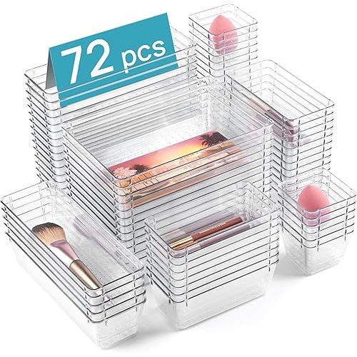 Vtopmart 72 PCS Clear Plastic Drawer Organizers Set, 4-Size Versatile Bathroom and Vanity Organizer Trays, Non-Slip Storage Containers for Makeup, Jewelries, Bedroom,Kitchen Utensils and Office