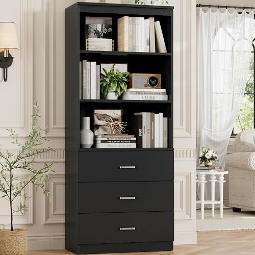 FOTOSOK 71“H Black Bookshelf with Drawers, Bookshelf and Bookcase with 3-Tier Open Shelves, Tall Bookcase Tall Storage Cabinet for Home Office