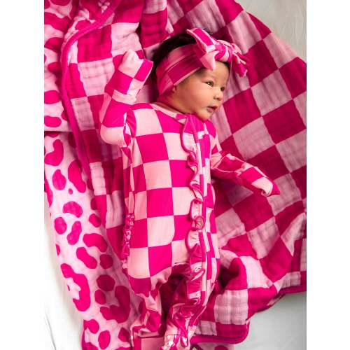 Ruffled Bamboo Zippy Sleeper in Bubble Gum Checkered