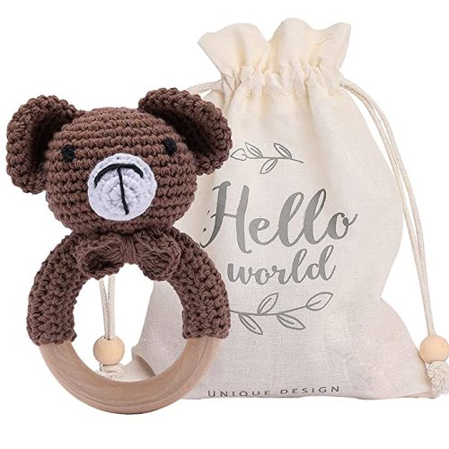 Youuys Wooden Rattle for Baby Brain Development, Crochet Lion Wood Baby Rattle, Cute Woodland Animal First Rattle Toy for Newborn - Brown Bear