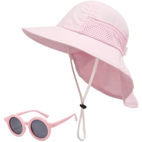 Baby Sun Hat Toddler Kids Boys Girls Wide Brim Beach Hats with Sunglasses UPF 50+ Plain Caps with Neck Flap