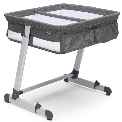 Simmons Kids By The Bed City Sleeper Bassinet for Twins - Adjustable Height Portable Crib with Wheels & Airflow Mesh, Grey Tweed | Bigbigmart.com