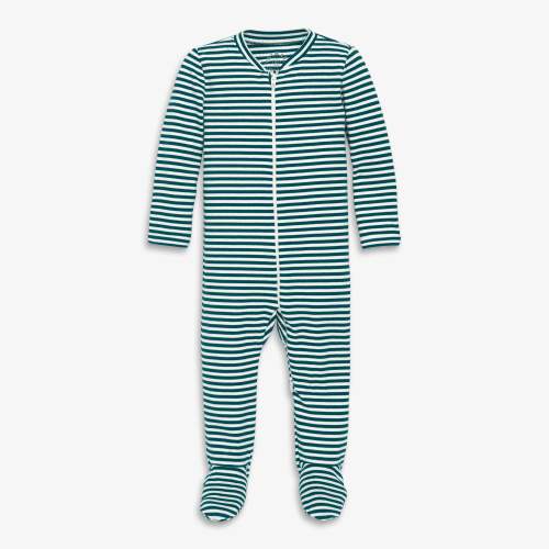 Baby organic zip footie in stripe - Forest / ivory mini stripe / 3-6