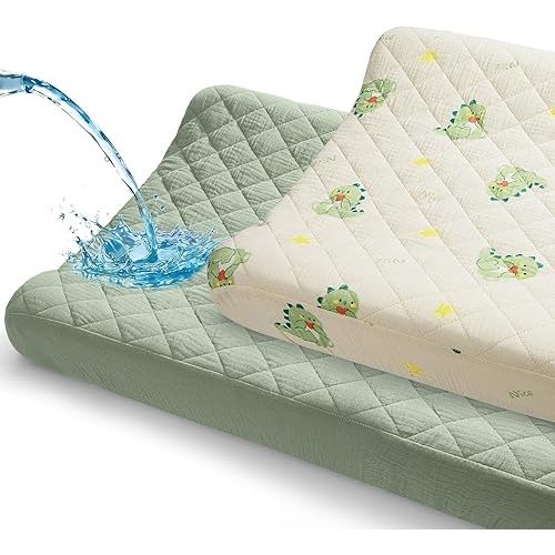 Unicorn Castle Waterproof Changing Pad Cover Muslin Changing Table Pad Cover 2 Pack Quilting for 32"x16" Baby Changing Pad Sheets Girls Boys,Green Dinosaur