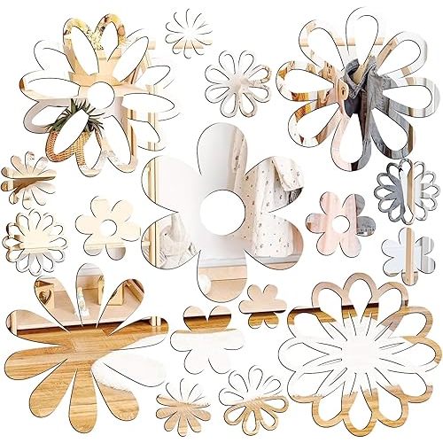 Acrylic Mirror Wall Stickers 3D Daisy Flower Wall Decor Stickers Removable Small Floral Mirror Wall Decals Silver Acrylic Wall Stickers Wild Flower Wall Decals For Nursery Kids Bedroom Decor