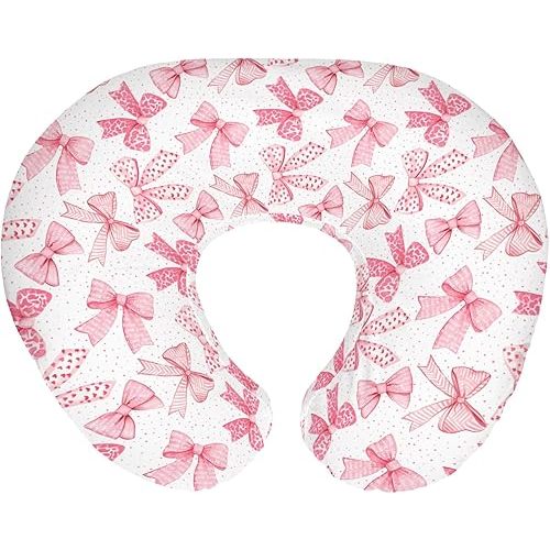 Pink Bows Baby Nursing Pillow Covers for Girl Pink Hair Bows Leopard Stripes Nursing Slipcovers for Breastfeeding Pillows Valentine Hearts Love Soft Stretchy Removable Cover for Newborn Infant