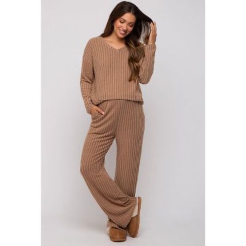 PinkBlush Mocha Ribbed Soft Knit Long Sleeve Maternity Pajama Set Mocha Medium