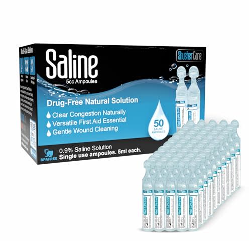 Saline Ampoules - Saline Solution, Sodium Chloride 0.9%, Nasal Cleanse for Babies, Kids, & Adults, Sterile Nasal Care, Wound Cleansing - 50 Count (5ml Each)