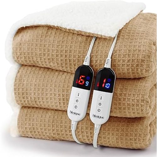 Heated Blanket Electric Blanket Queen Waffle, 84x90 Inches Dual Controllers Sherpa Fleece Fast Heating Blanket 6 Heating Levels & 10 Hours Auto Off ETL Certification, Apricot Orange Queen