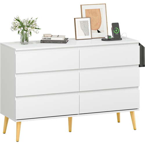 Bifanuo Dresser, Dresser for Bedroom with 6 Drawers Chest of Drawers with Charging for Storage and Organization, Wood Tabletop for Bedroom, Living Room, Hallway, White