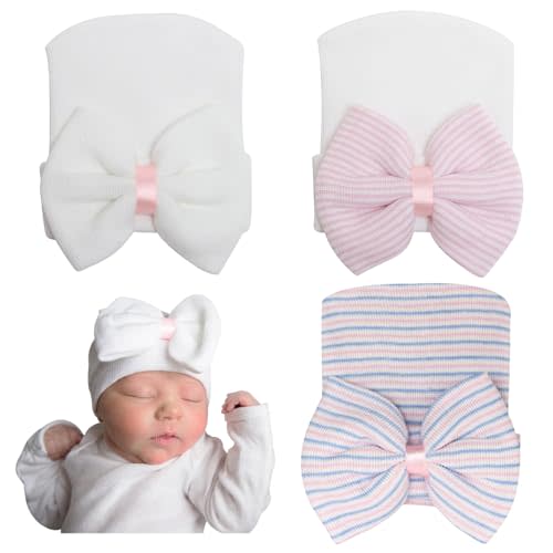 AQOKKA Newborn Baby Girl Hats with Bow No Scratch Cotton Toddler Infant Beanie Caps Soft Newborn Hospital Hat 0-3 Months