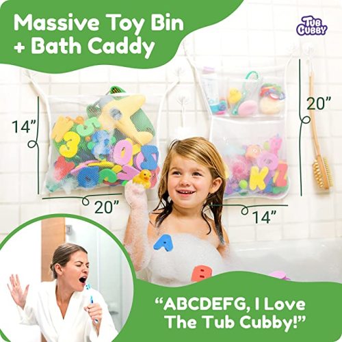 Original Tub Cubby Bath Toy Storage (2 -Pack) for Baby Bath Toys, Hanging baby bath toy holder with Suction & Adhesive Hooks, 14x20" Mesh Net Shower Caddy for Bathtub Toys, 36 ABC Soft Foam Letters and Numbers - Bonus Rubber Duck & Hooks - Green (2 Tub Cu