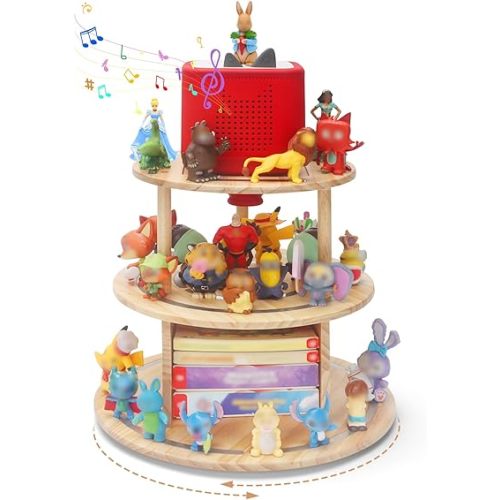 360° Rotating Storage Shelf for Toniebox1/2, 3-Tier Organizer Holder for 30~40 Tonies Figures, Wooden Magnetic Stand Display for Tonie Box + Characters + Tonieplay Game + Controller
