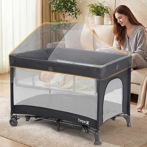 Dripex 5 in 1 Pack n Play with Bassinet, 2-Level Height Bedside Crib, Storage Pocket & Breathable Mesh - Foldable Portable Baby Playard for Newborn to Toddlers (Travel/Home), Dark Grey