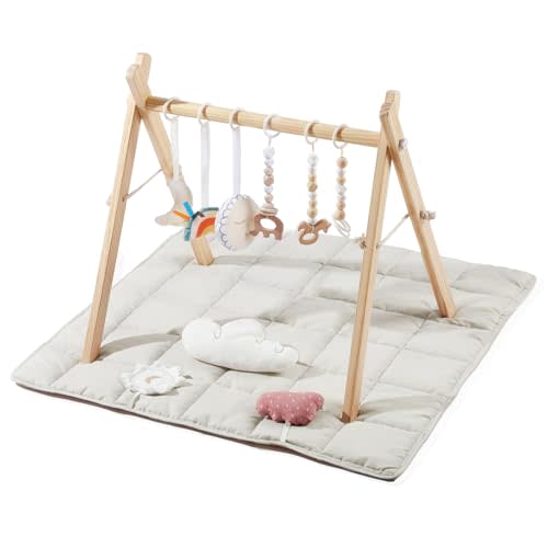 Baby Gym with Mat, Wooden Play Gym with 9 Sensory Toys, Foldable Baby Play GymFrame Activity Center, Natural Pine Wood, Montessori Toys, Easy to Assemble & Clean, Natural Color