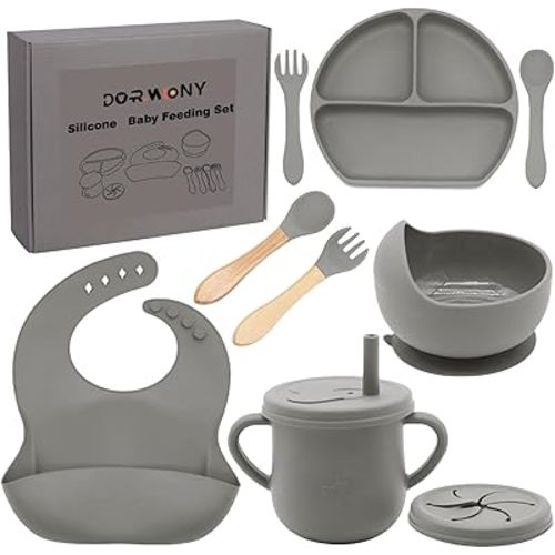 100% Silicone baby feeding set,BPA free Baby dishes set with Suction Bowl Divided Plate,Toddler Self Feeding Dish Set with Spoons Forks Sippy Cup And Bib, Baby Eating Utensils (Grey)
