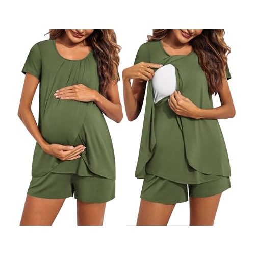 Ekouaer Women's Maternity Nursing Pajamas Set Breastfeeding Sleepwear Double Layer Short Sleeve Top & Shorts Nursing Pjs