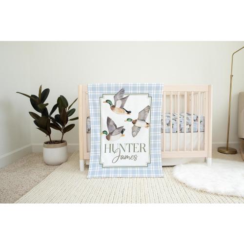 Personalized Mallard Duck Baby Blanket, Blue Plaid Baby Blanket, Hunting Baby Blanket, Mallard Duck Crib Bedding, Mallard Duck Nursery Decor