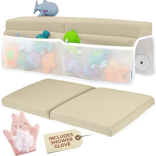 Comfortable Baby Bath Kneeler and Elbow Rest Pad Set with Pink Cloth Glove - Thick, Non-Slip, Memory Foam Kneeling Pad for Bathing Baby with Toy Storage Pockets - Easy Clean and Durable - Beige