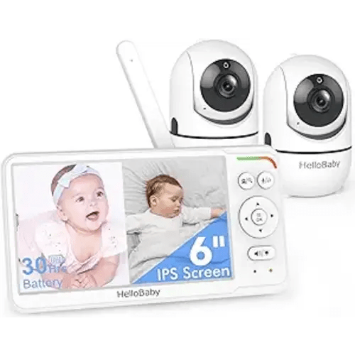 HelloBaby Baby Monitor with 2 Cameras, World First 6" IPS Split Screen, Double Cameras No WiFi, 30H Battery, 2-Way Audio, Pan-Tilt-Zoom, VOX Mode, Night Vision, 8 Lullabies, 1000ft Range