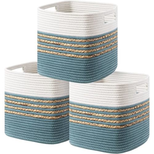 UBBCARE Set of 3 Storage Cubes 11 X 10.5 X 10.5 in, Water Hyacinth Storage Bins for Shelves, Toys, Book, Storage Baskets with Handles, Cotton Rope Woven Baskets for Organizing, Light Blue