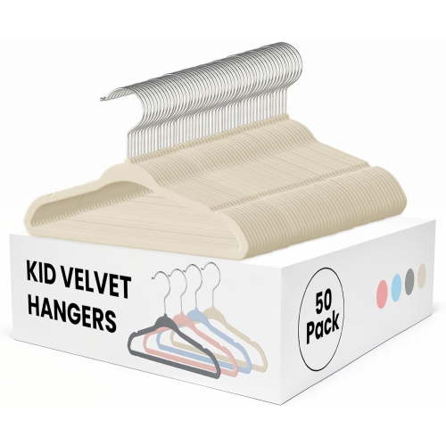 Kids Velvet Hangers 50 Pack, Non-Slip Baby Hanger for Infant & Toddler Clothes, 11 Inch Durable Children Hangers for Closet, Beige White