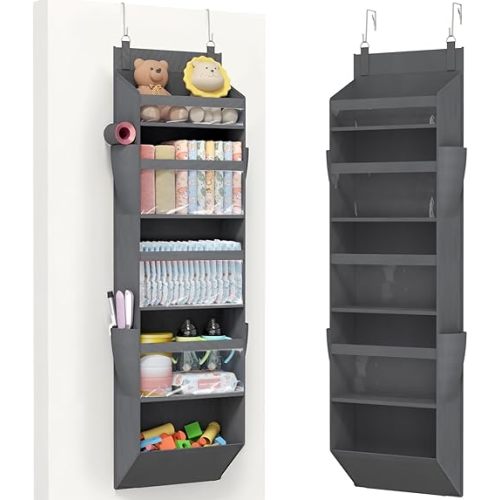Lifewit 1 Pack Over the Door Organizer, 5 Section Clear Window Hanging Storage with 4 Side Pockets, Sturdy Anti Tilt 40 lbs Load Behind Door for Closet, Bedroom, Bathroom, Nursery, Dorm, Dark Gray
