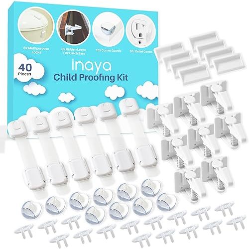 Inaya Complete Baby Proofing Kit - Child Safety Hidden Locks for Cabinets & Drawers, Adjustable Safety Latches, Corner Guards and Outlet Covers - Baby Proof Pack to Keep Your Child Safe at Home