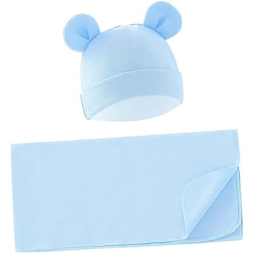 Exemaba Unisex Baby Swaddle Blanket with Hat Set Newborn Swaddle Receiving Blankets Sleep Sack for 0-3 Months Boys Girls(Light Blue)
