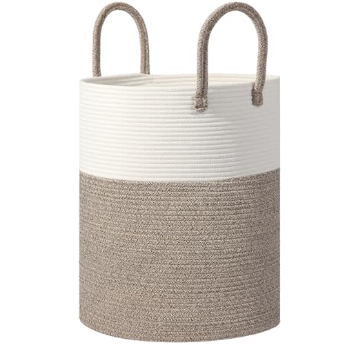 Large 60L Laundry Basket Hamper, Woven Cotton Rope Basket with Handles, Blanket Basket for Living Room, Baby Nursery, Bedroom & Bathroom, 15"D x 20"H Decorative Clothes Hamper, White/Brown
