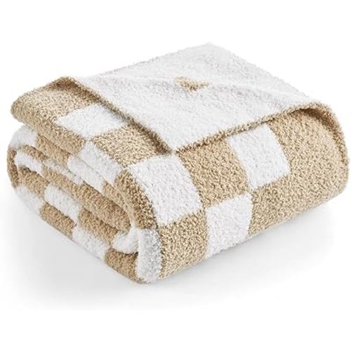 Snuggle Sac Checkered Throw Blanket for Couch, Super Soft, Cozy Warm Knit Blankets, Reversible Fluffy Checker Throws for Sofa, Bed, Checkered Beige, 50x60 Inches
