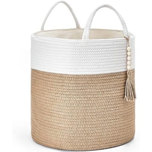 Mkono Woven Storage Basket Decorative Rope Basket Wooden Bead Decoration for Blankets,Toys,Clothes,Shoes,Plant Organizer Bin with Handles Living Room Home Decor, 15" Wx17.7 L,White and Yellow