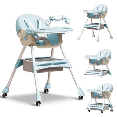 HENG CO. 4-in-1 Baby High Chair with 5-Point Harness, Convertible Toddler Dining Chair, Double-Layer Tray & Toy Rack, PP+Steel Frame, for 6M-3Y Light Blue