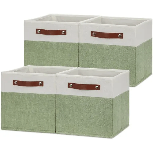 HNZIGE Fabric 11x11 Cube Storage Bins, Set of 4, Foldable Storage Cube Bin Baskets for Shelves with Handles, Bins for Cube Organizer Home Toy Nursery Closet(Green White)