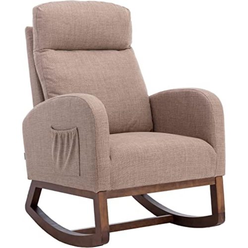 Dolonm Nursery Rocking Chair for Living Room, Upholstered Mid-Century Modern Nursery Rocking Armchair Tall Back Accent Glider Rocker, Camel