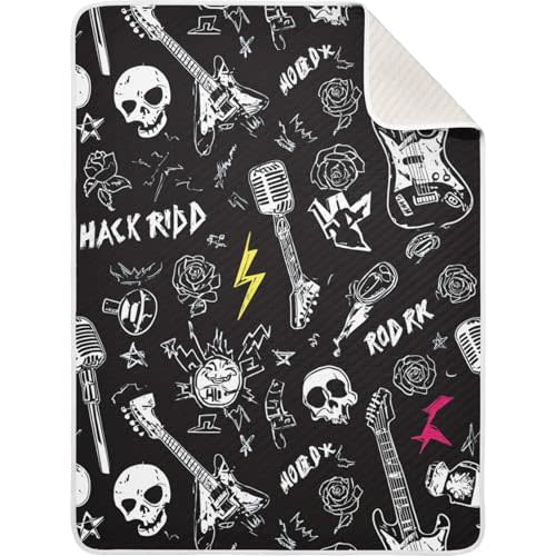 Pigsaly Rock Roll Lightnings Skull Baby Blankets 30 X 40 in Microphone Punk Guitars Toddler Blanket Newborn Crib Blanket Nursery Bed Blankets for Stroller Toddler Bed Carseat