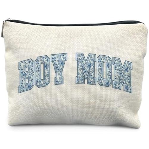 Blue Chinoiserie Boy Mama Makeup Bag for Women, Christmas Birthday Gifts for Moms of Boys, Mom Gifts Cosmetic Bag for Purse, Toile De Jouy Floral Mother Makeup Zipper Pouch