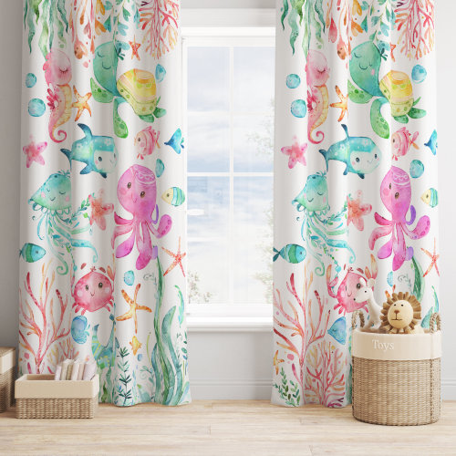 Sea Animals Window Curtains, Watercolor Under The Sea Ocean Window Panels, Kids Baby Girl Bedroom Curtains,  Nursery Decor SHEER OR BLACKOUT