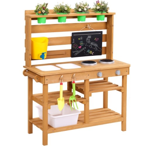 iRerts Kitchen Toys for Boys Girls Kids, Wooden Outdoor Mud Kitchen Kids Kitchen Playset Kids Play Kitchen Toy Set with Sand and Water Pan, Play Sink, Pretend Toy Kitchen Set for Kids Birthday Gifts