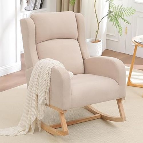 Rocking Chair Nursery, Nursing Rocking Chairs for Mom Nursery, Comfy Wingback Glider Rocking Armchair with Side Pocket for Nursery Living Room Bedroom, Khak