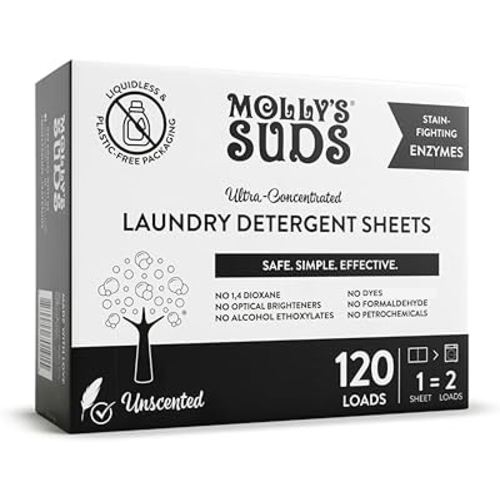 Molly’s Suds Laundry Detergent Sheets | Gentle on Sensitive Skin, Powerful Plant-Based Enzymes, Stain-Fighting | Liquidless & Plastic-Free Packaging | 120 Loads (Unscented)